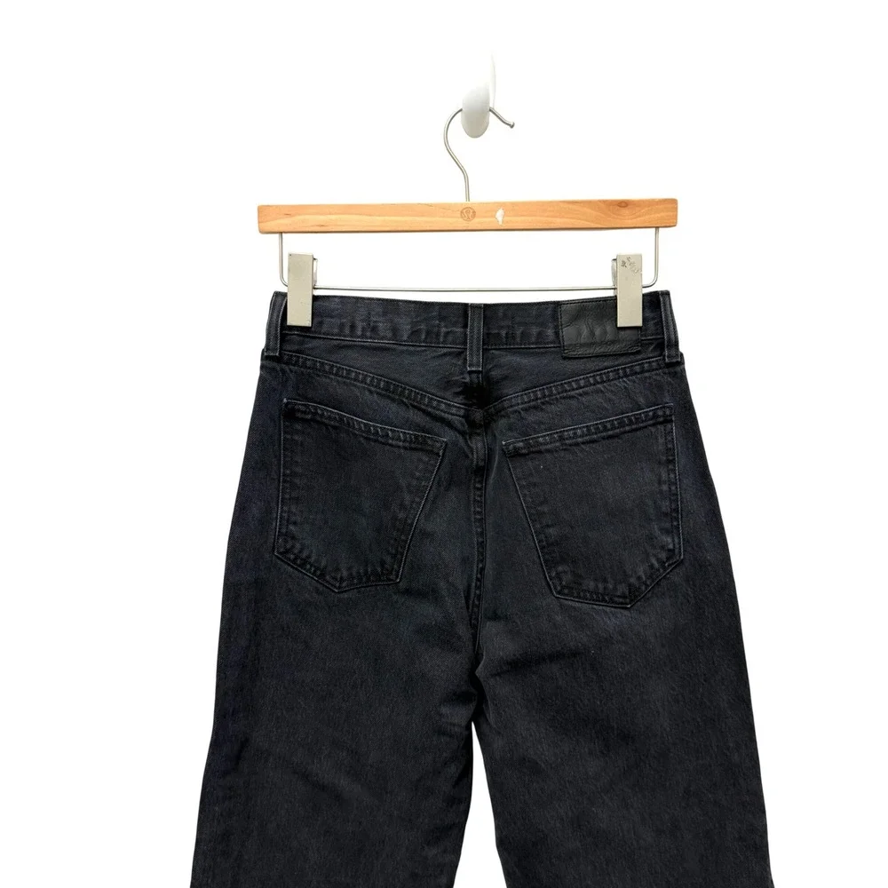 Denim Forum‎ The Farrah Hi-Rise Wide Leg Jeans Black Raw Hem Size 26